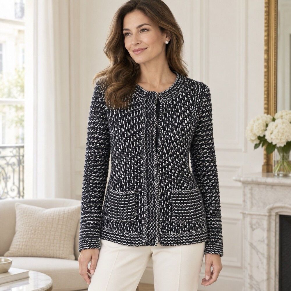 Yuka Black Ivory Knit Mottled Tweed Retro Pocket Cardigan Sweater T1 S